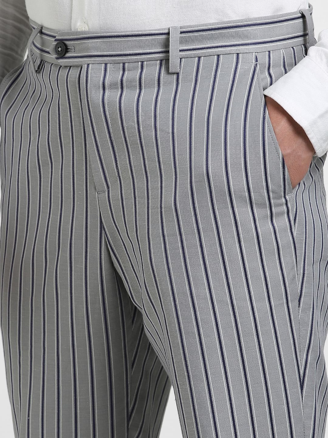 Grey Mid Rise Striped Pants - Image 5