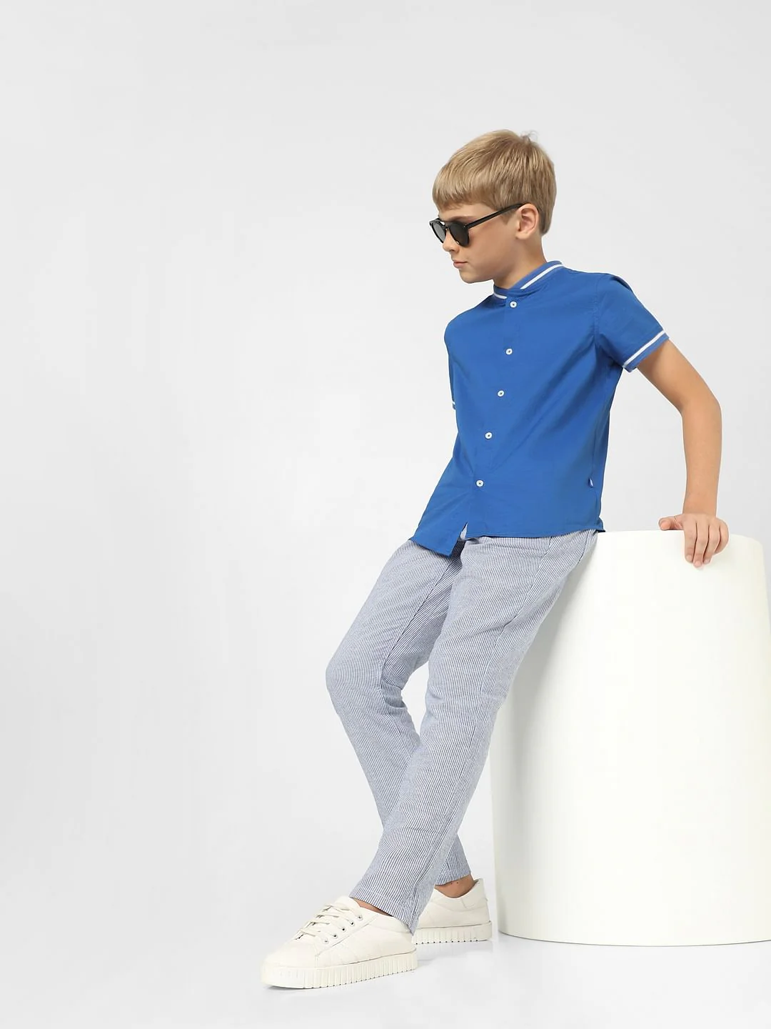 Boys Blue Mid Rise Striped Pants
