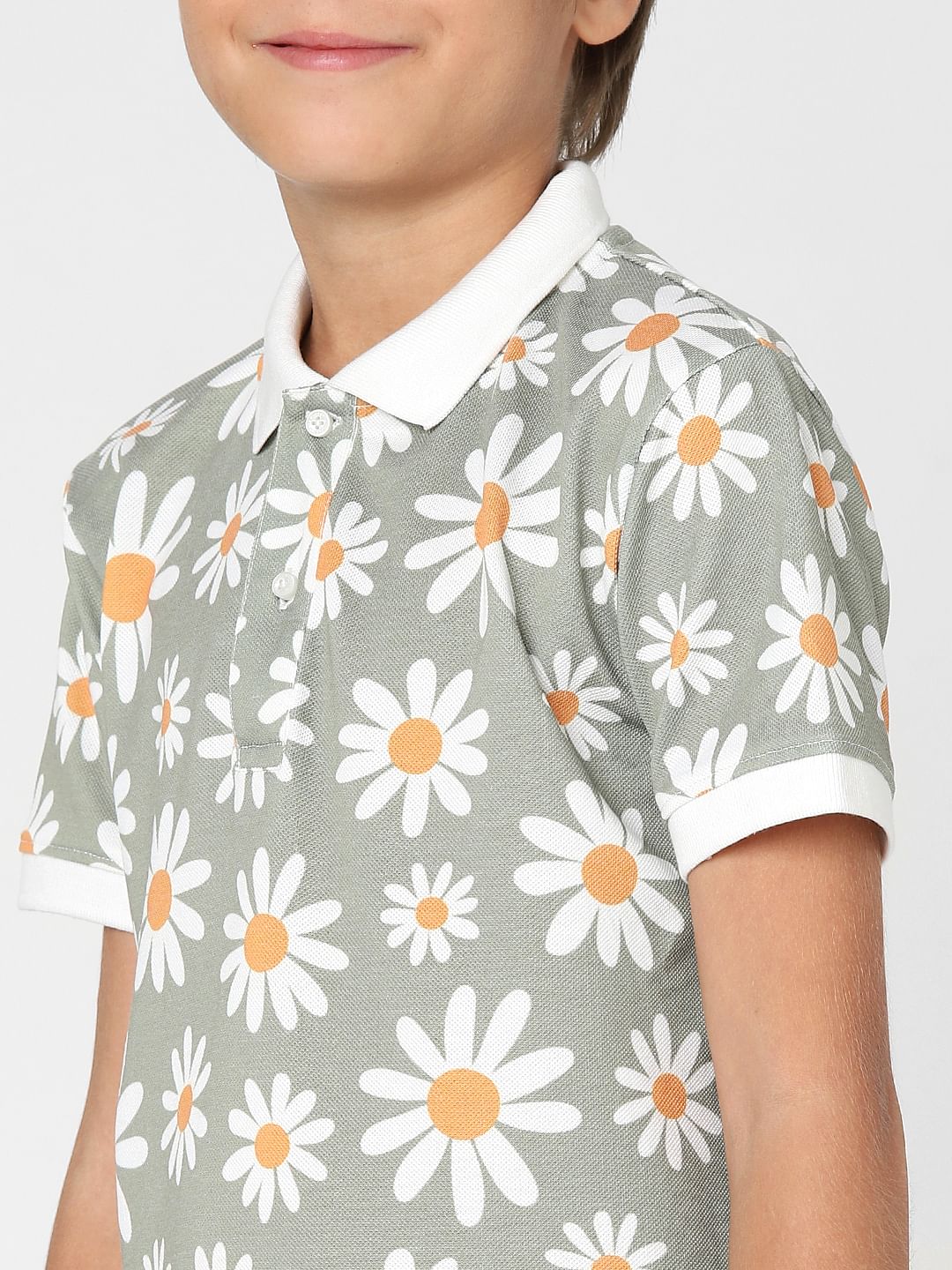 BOYS Green Floral Polo Neck T-shirt - Image 5