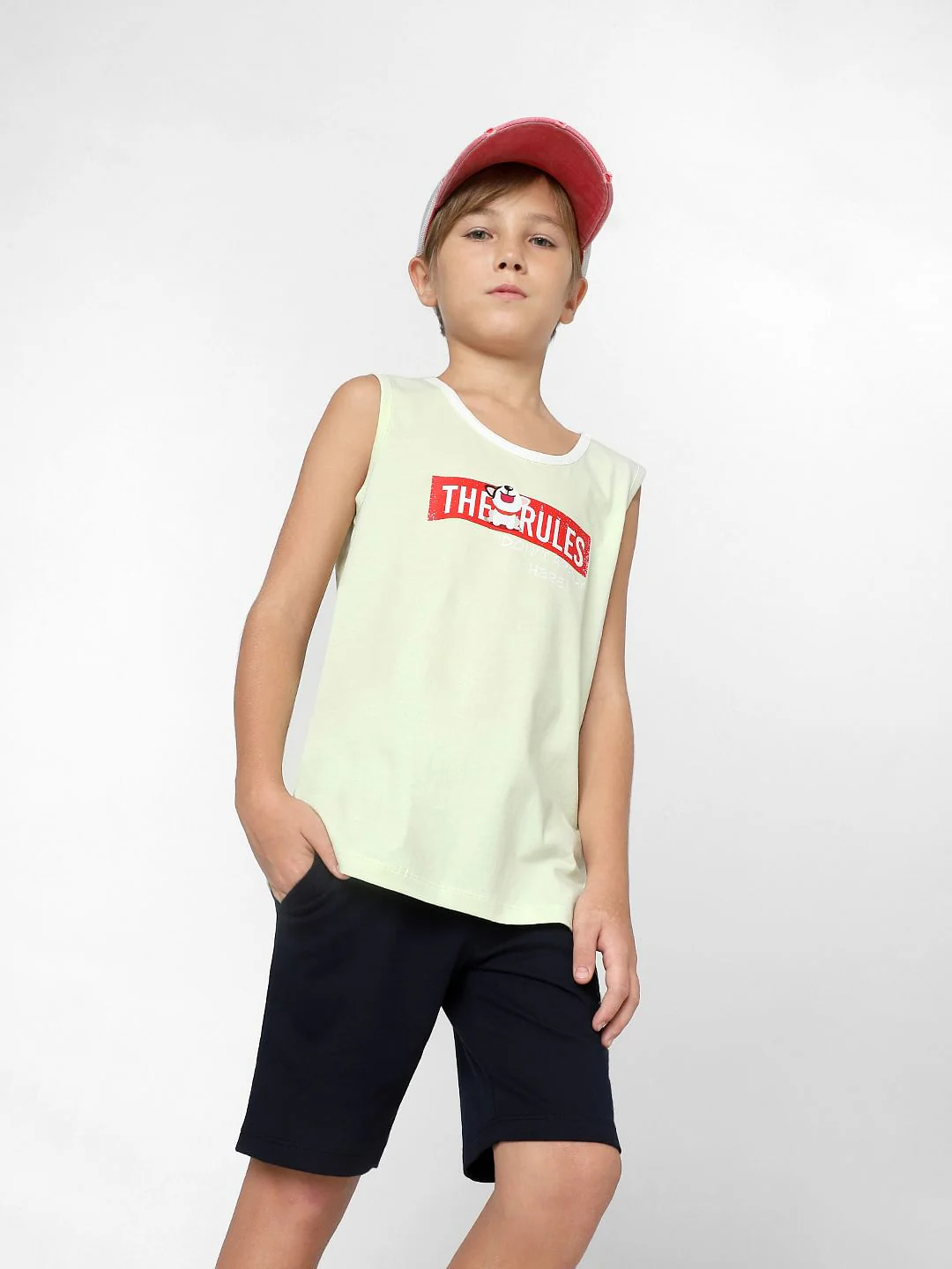 Boys Green Printed Sleeveless T-shirt
