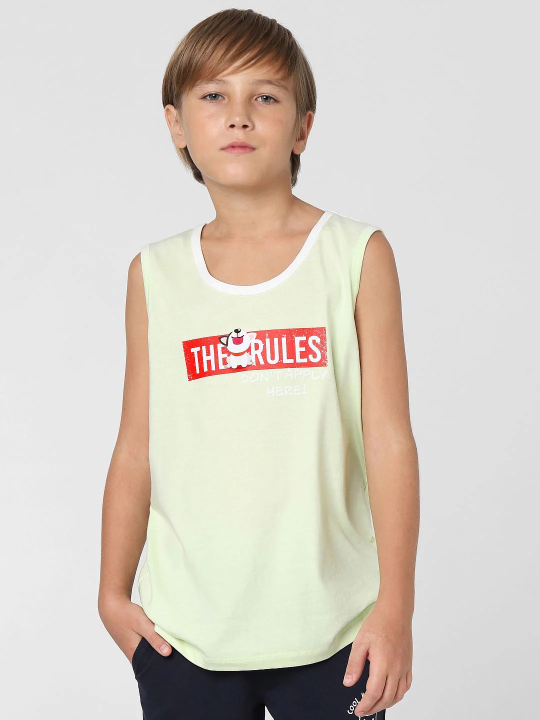 Boys Green Printed Sleeveless T-shirt - Image 2