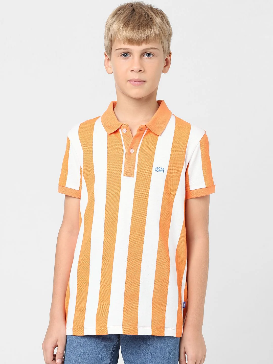 Boys Orange Striped Polo T-shirt - Image 2
