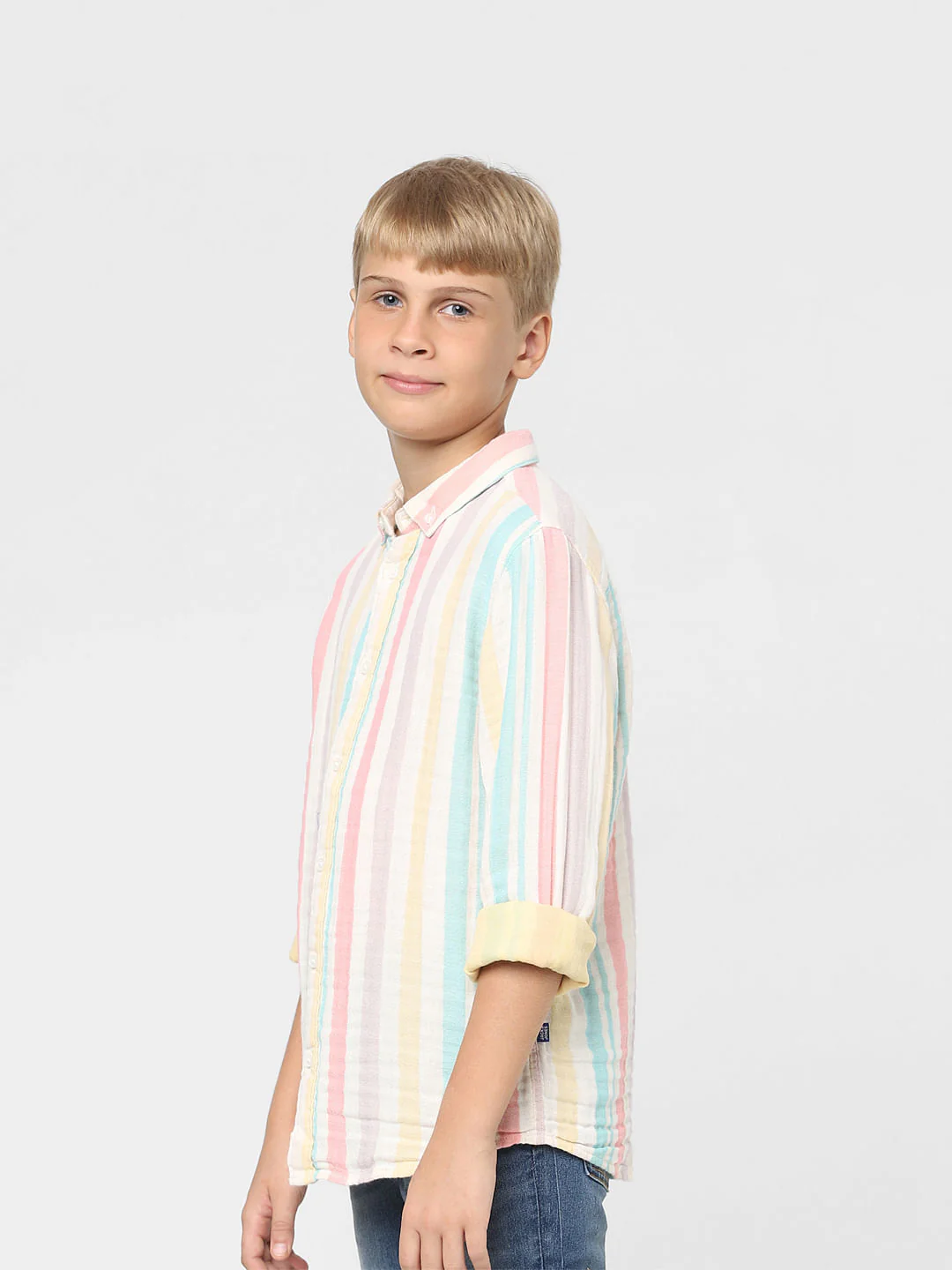 Boys Green Striped Full Sleeves Shirt - Image 3