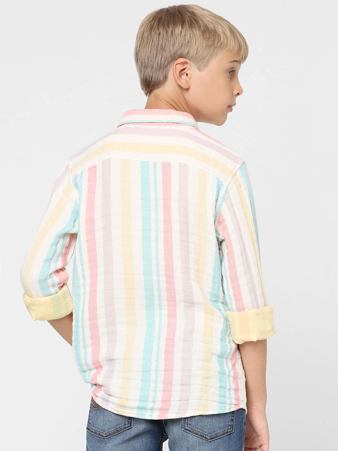 Boys Green Striped Full Sleeves Shirt - Image 4