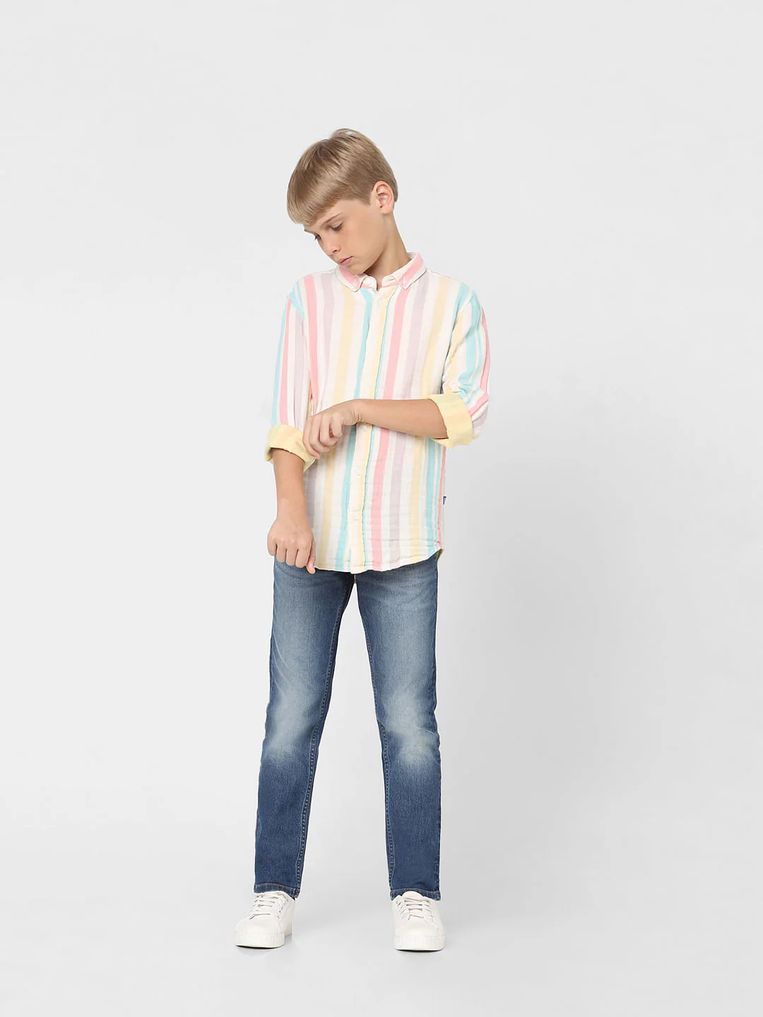 Boys Green Striped Full Sleeves Shirt - Image 6