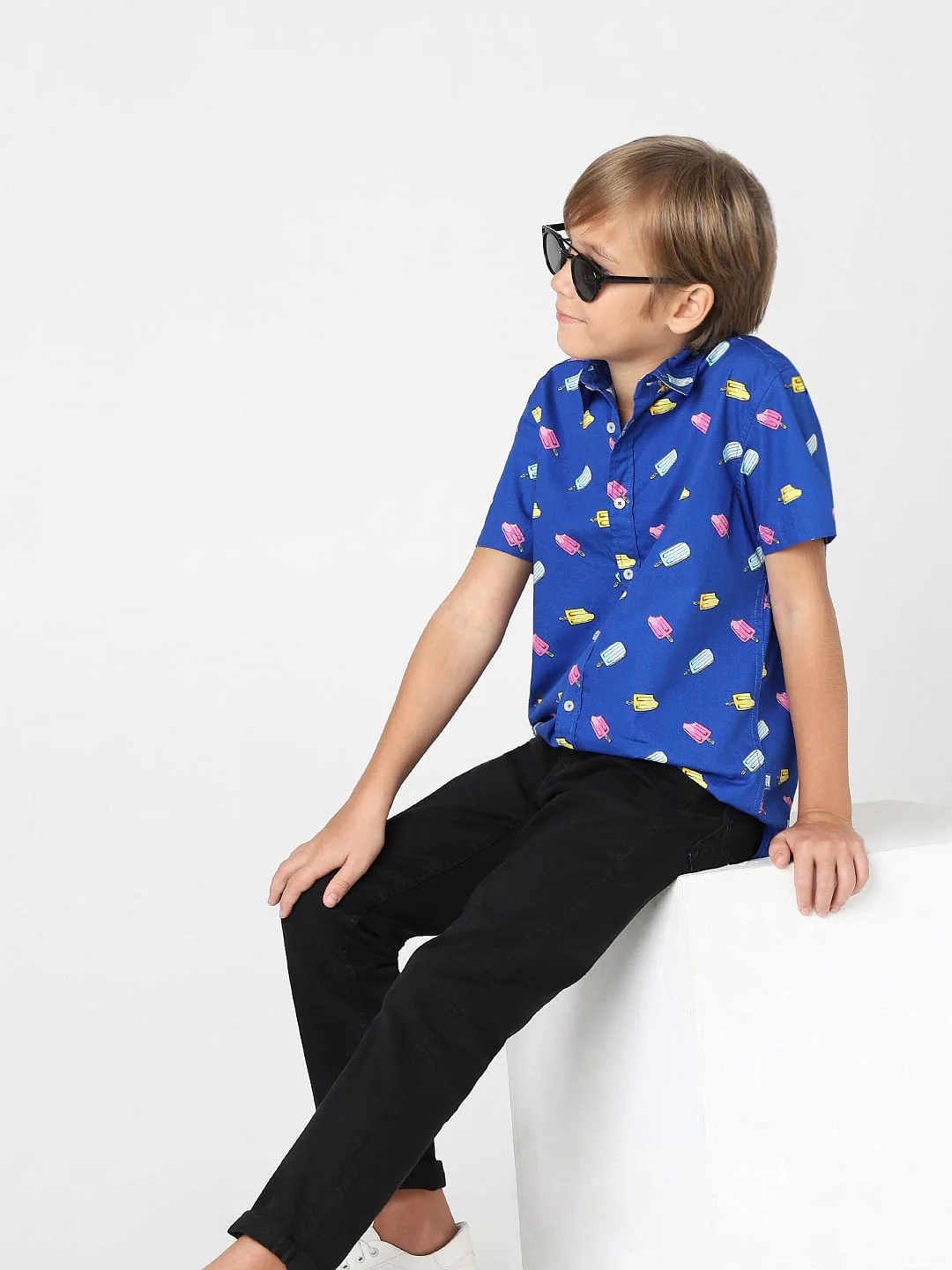 BOYS Blue Printed Short Sleeves Shirt