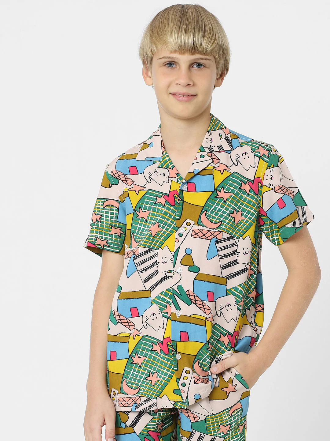 BOYS Green Printed Co-ord Set Shirts - Image 2