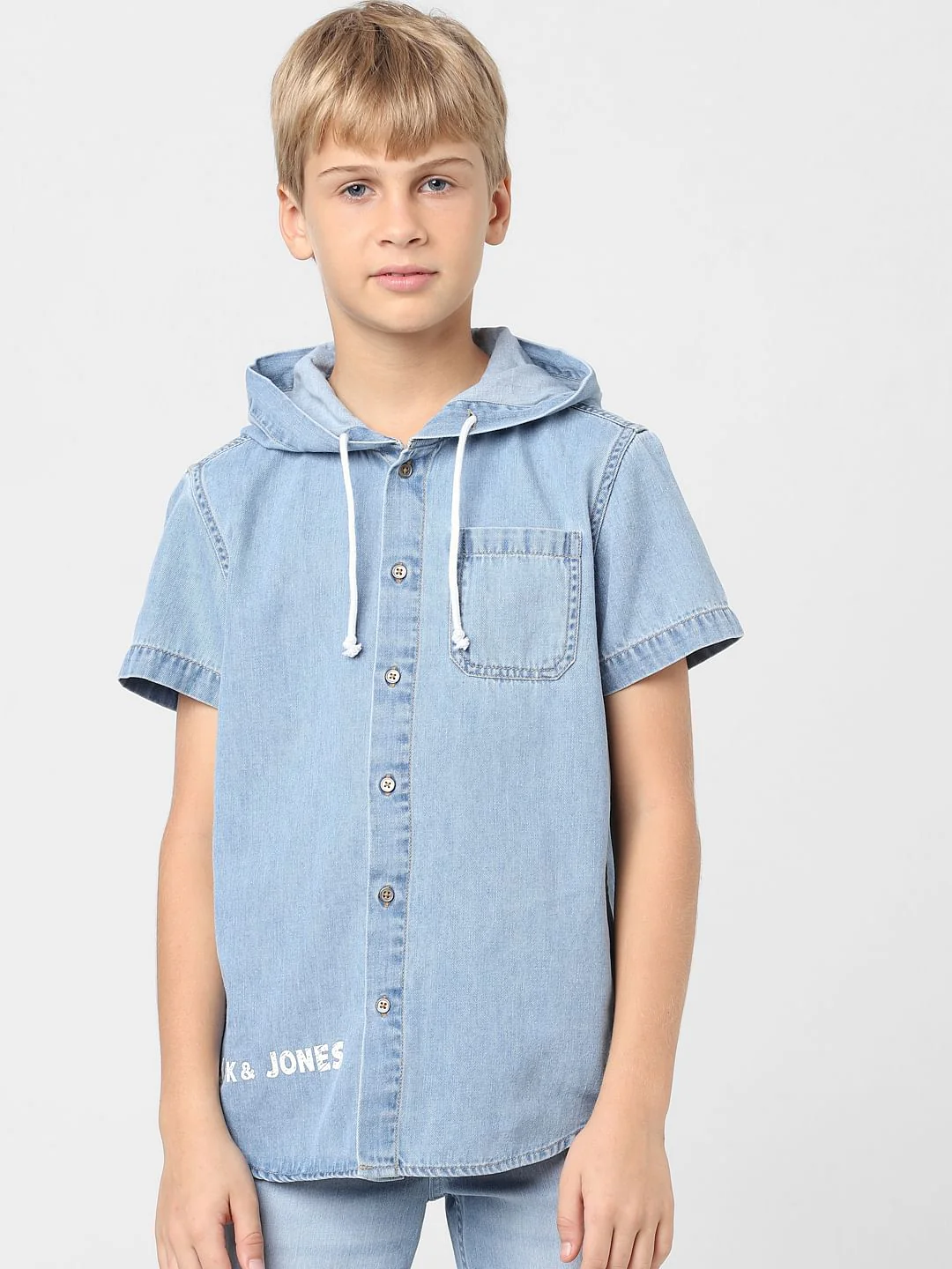 Boys Blue Hooded Denim Shirt - Image 2