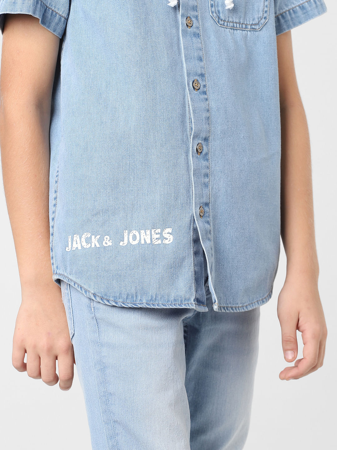 Boys Blue Hooded Denim Shirt - Image 5