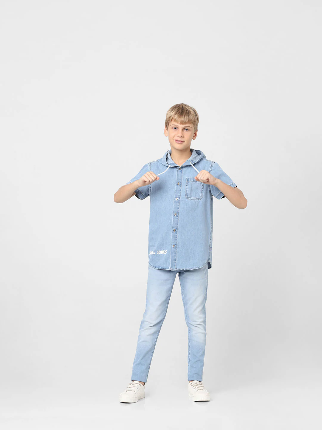 Boys Blue Hooded Denim Shirt - Image 6