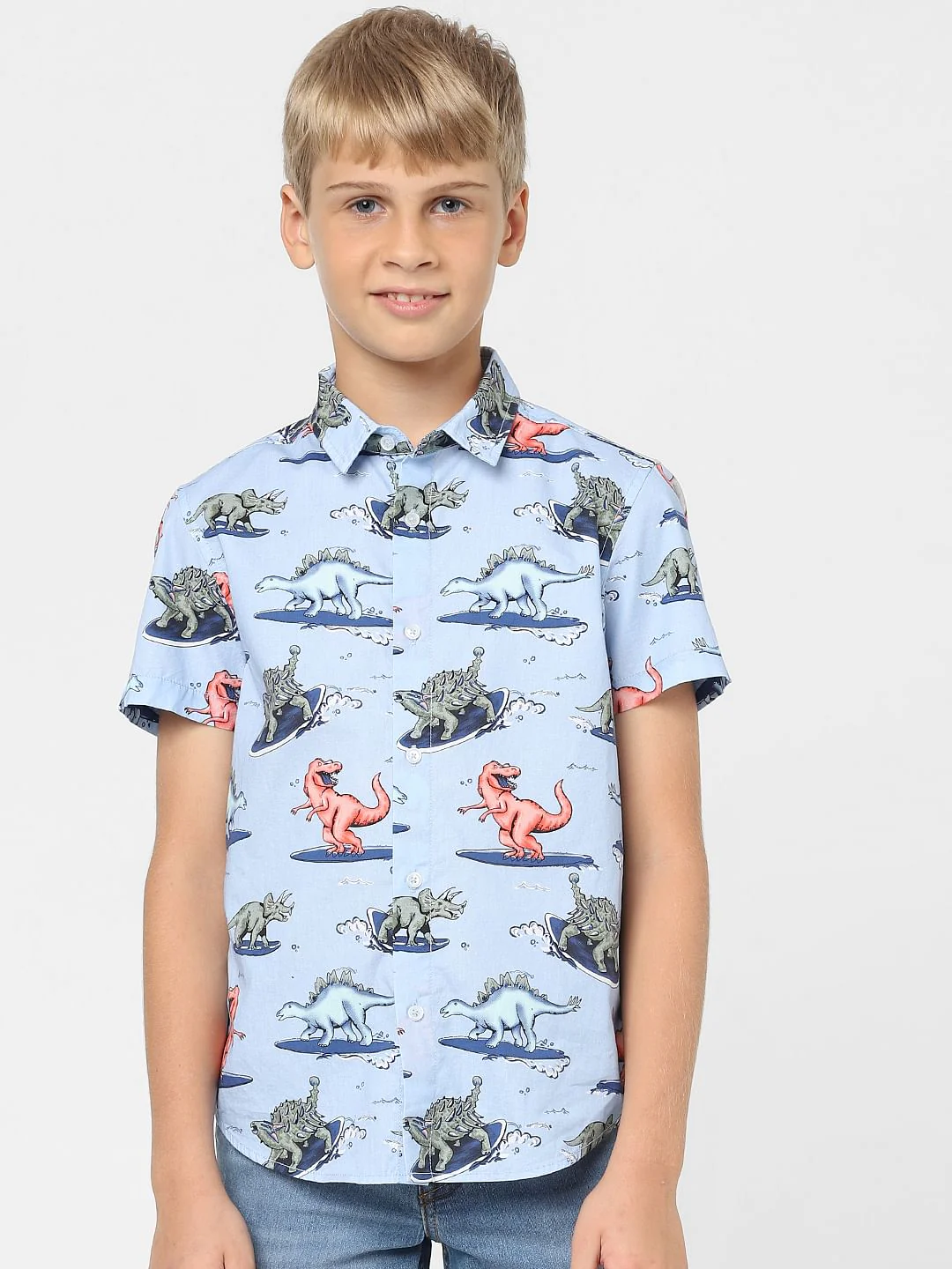 Boys Blue Dinosaur Print Short Sleeves Shirt - Image 2
