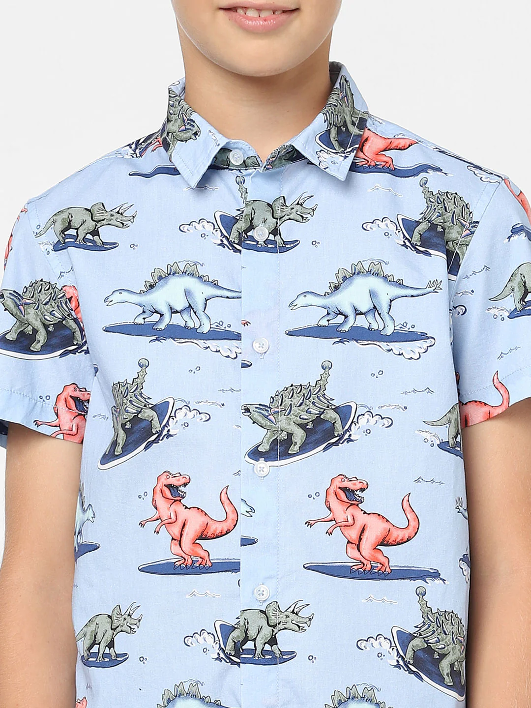 Boys Blue Dinosaur Print Short Sleeves Shirt - Image 5