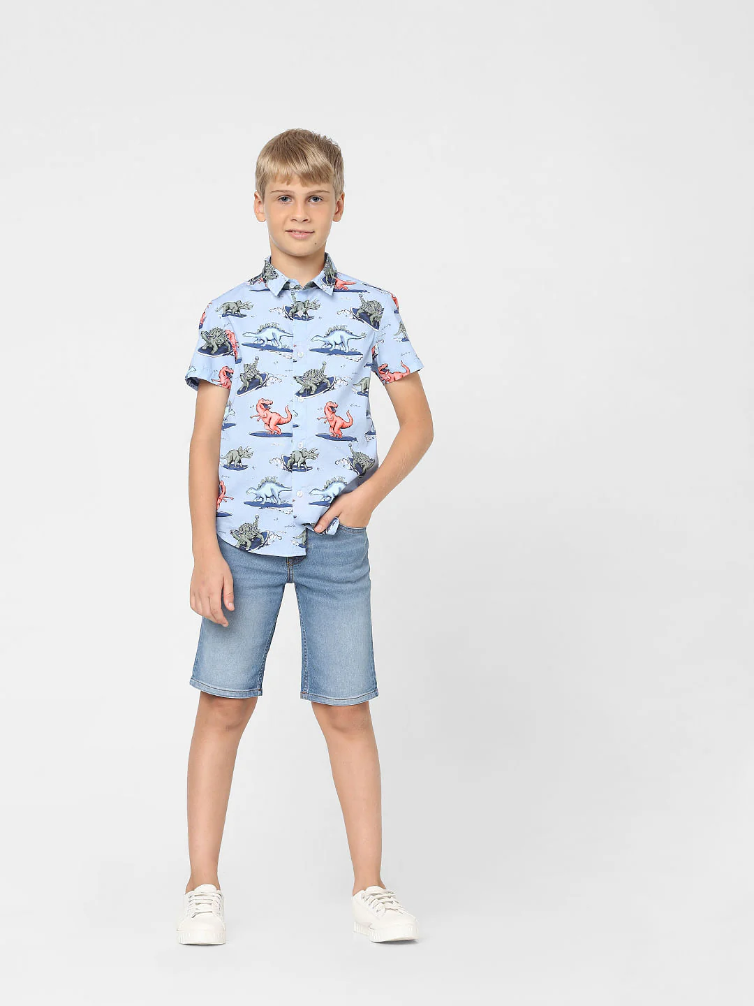 Boys Blue Dinosaur Print Short Sleeves Shirt - Image 6