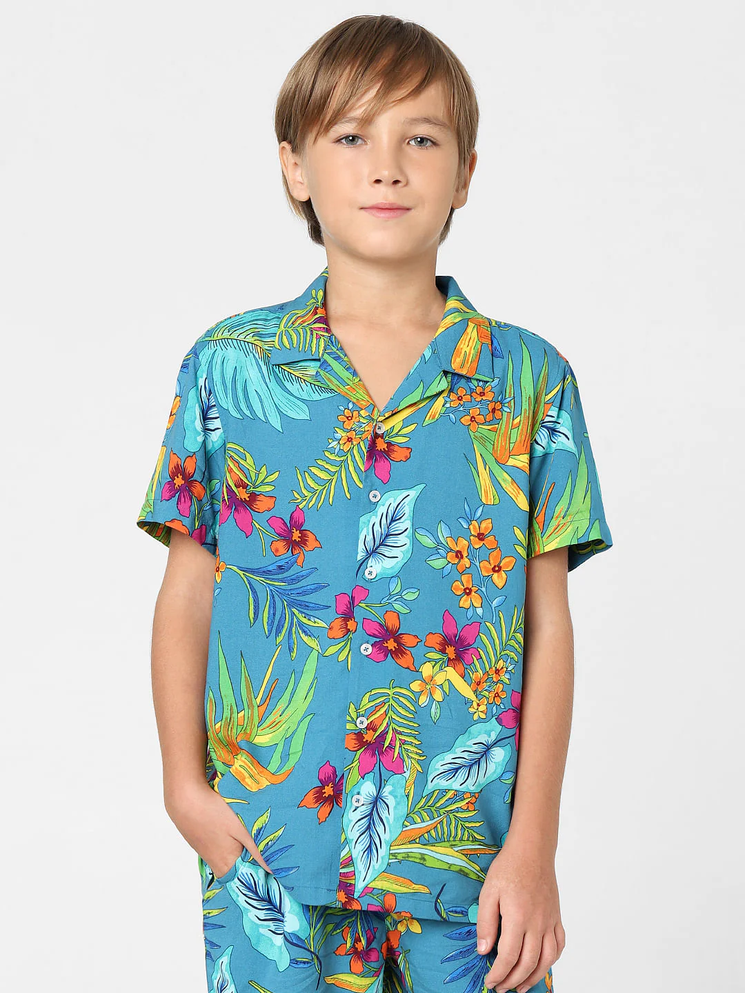 Boys Green Printed Short Sleeves Shirt