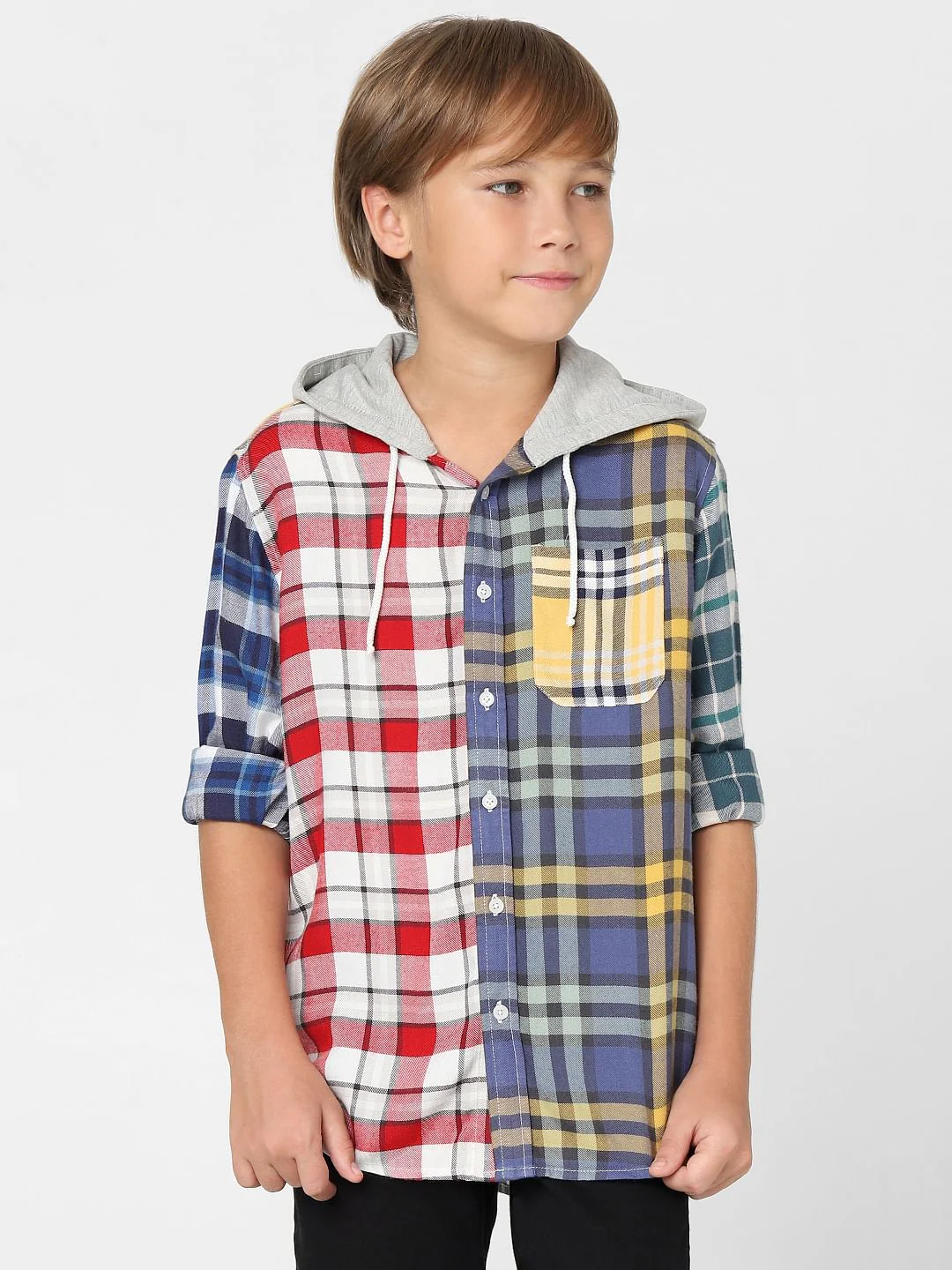Boys Blue Check Hooded Shirt - Image 2