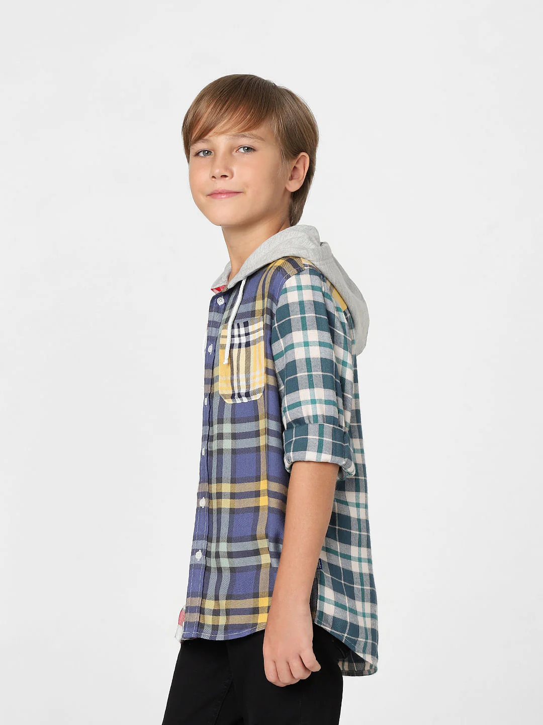 Boys Blue Check Hooded Shirt - Image 3