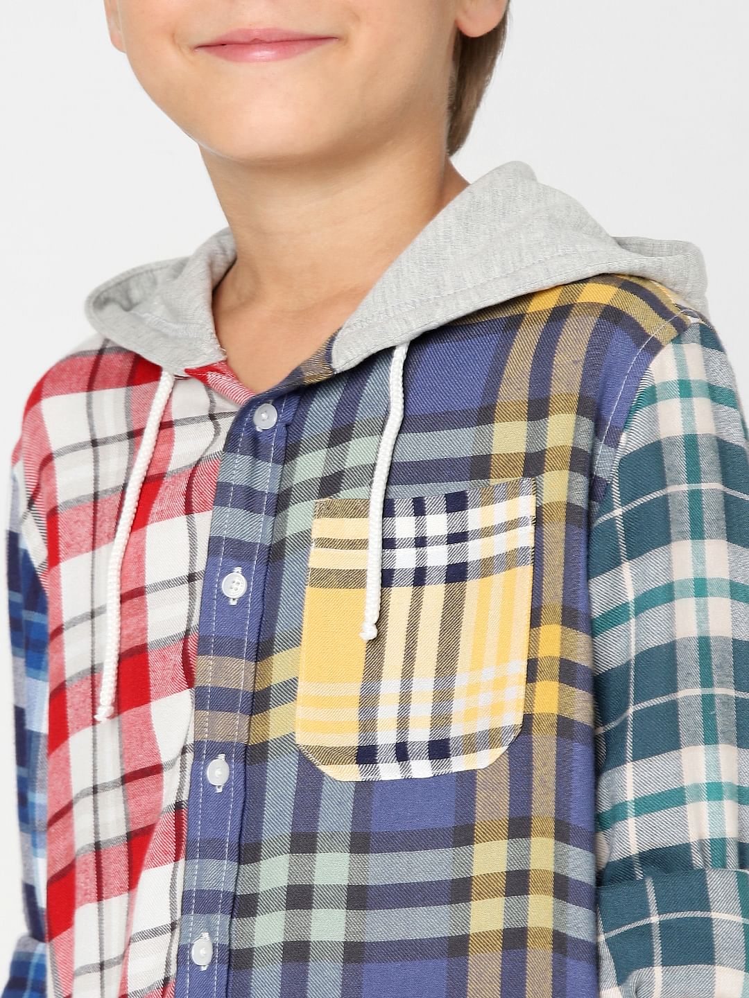 Boys Blue Check Hooded Shirt - Image 5