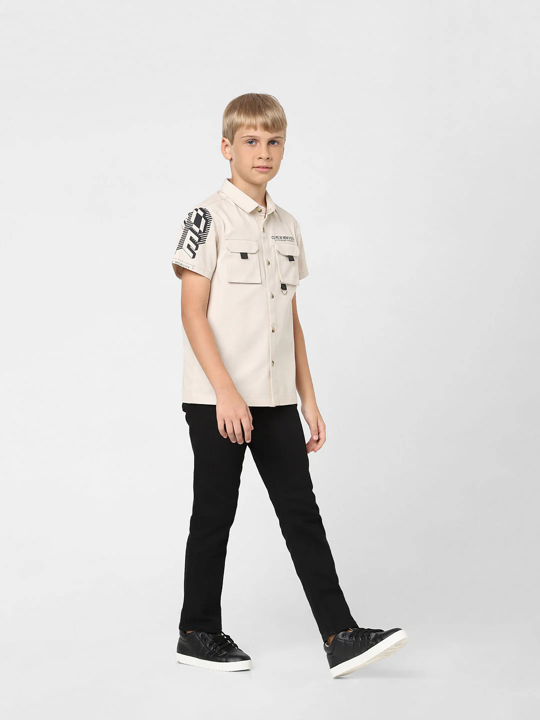 Boys Beige Printed Short Sleeves Shirt - Image 6