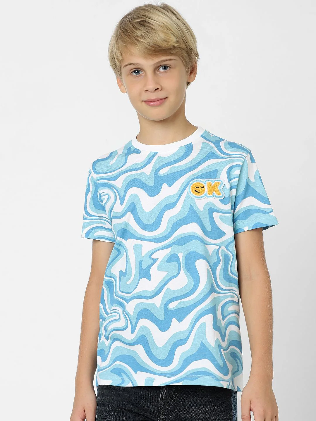 Boys Blue Abstract Print Crew Neck T-shirt - Image 2