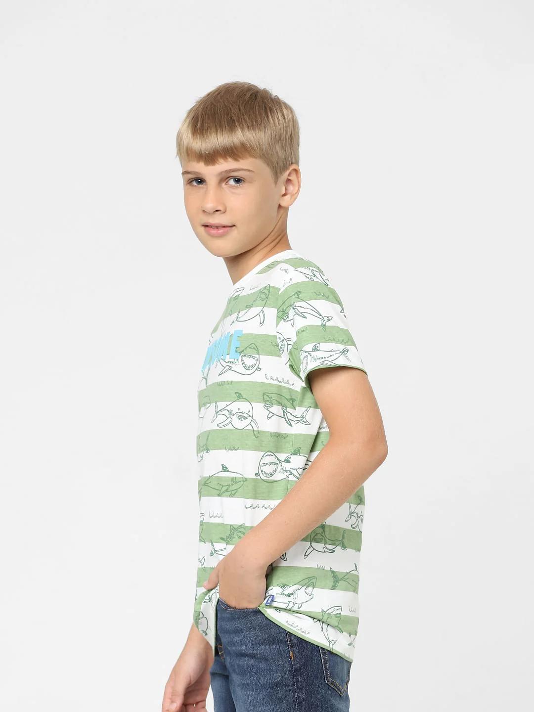 Boys Green Striped Crew Neck T-shirt - Image 3