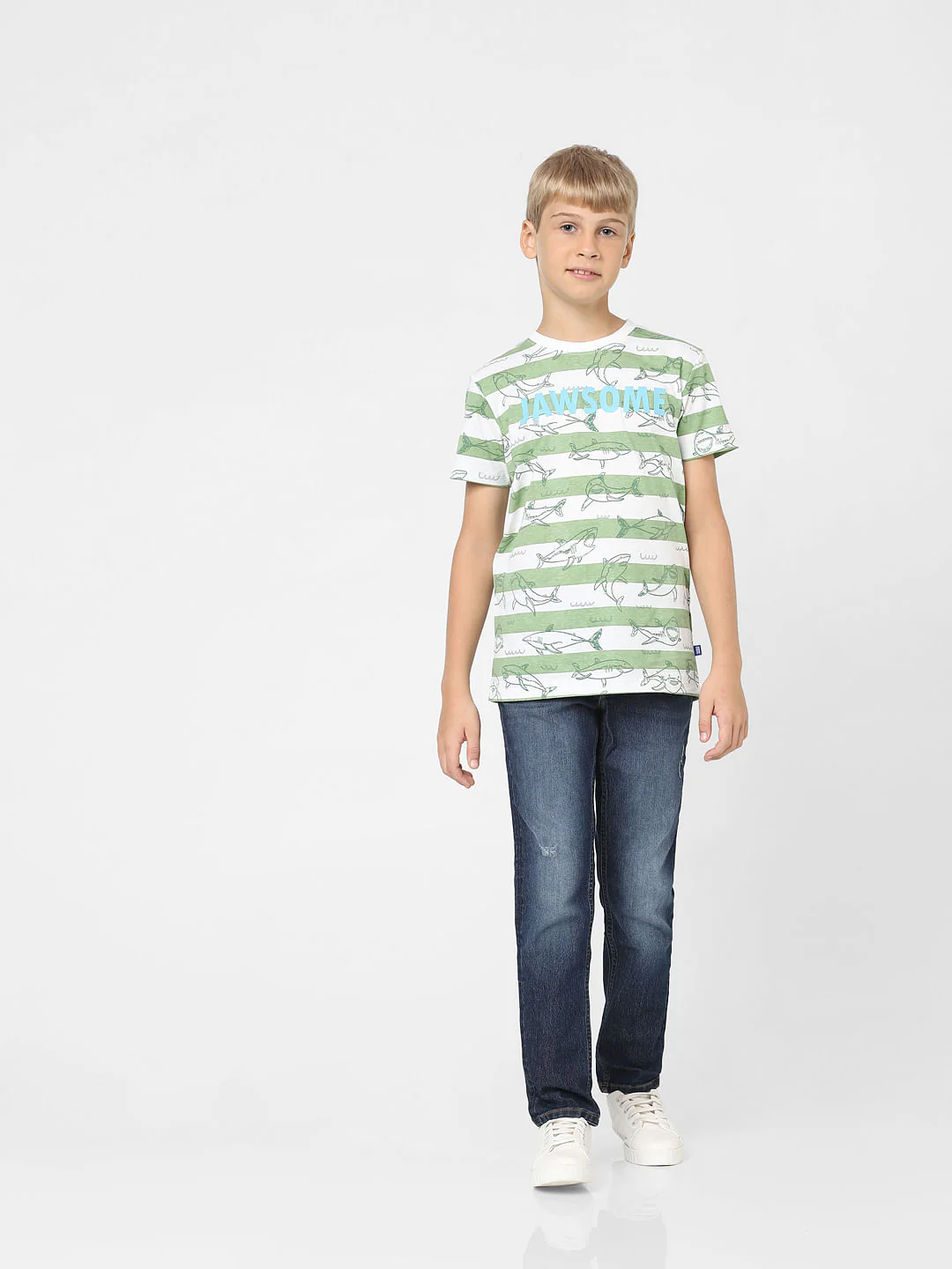 Boys Green Striped Crew Neck T-shirt - Image 6