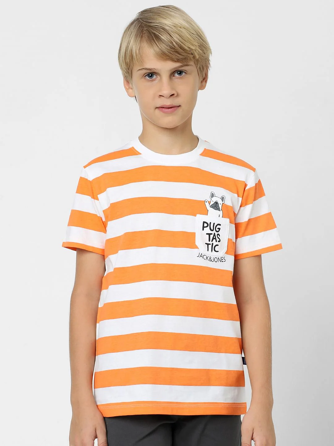 Boys Orange Striped Crew Neck T-shirt - Image 2
