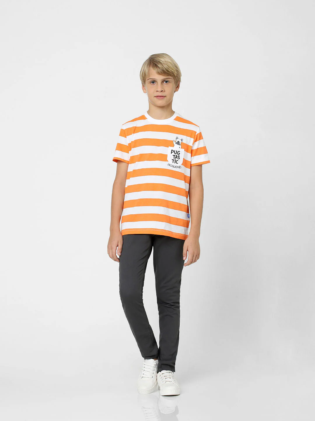 Boys Orange Striped Crew Neck T-shirt - Image 6