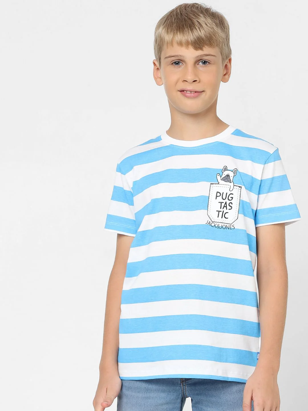 Boys Blue Striped Crew Neck T-shirt - Image 2