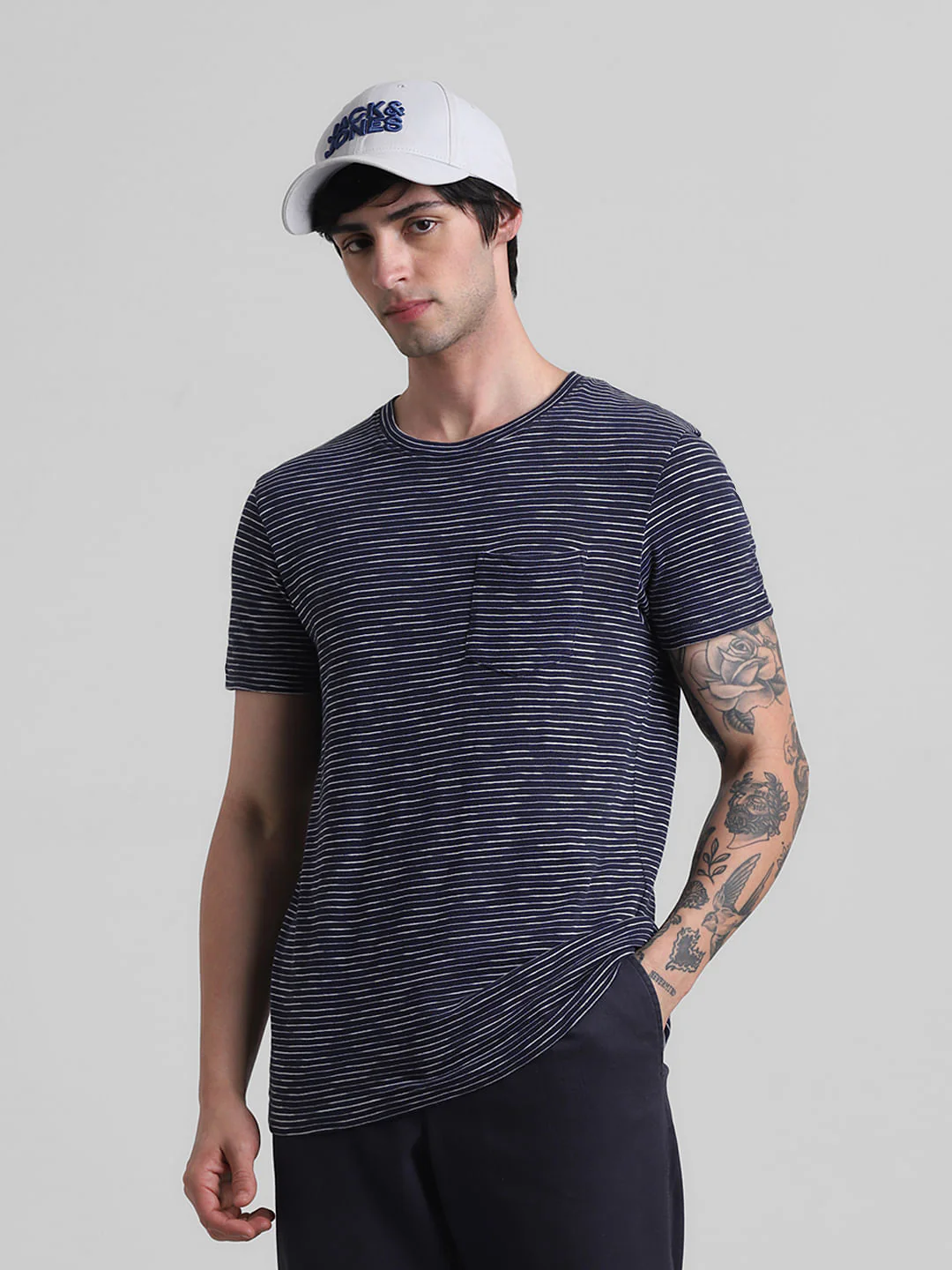 Navy Blue Striped Crew Neck T-shirt