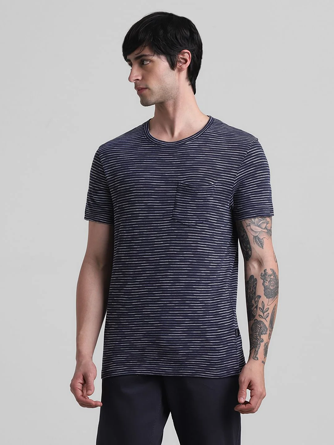 Navy Blue Striped Crew Neck T-shirt - Image 2