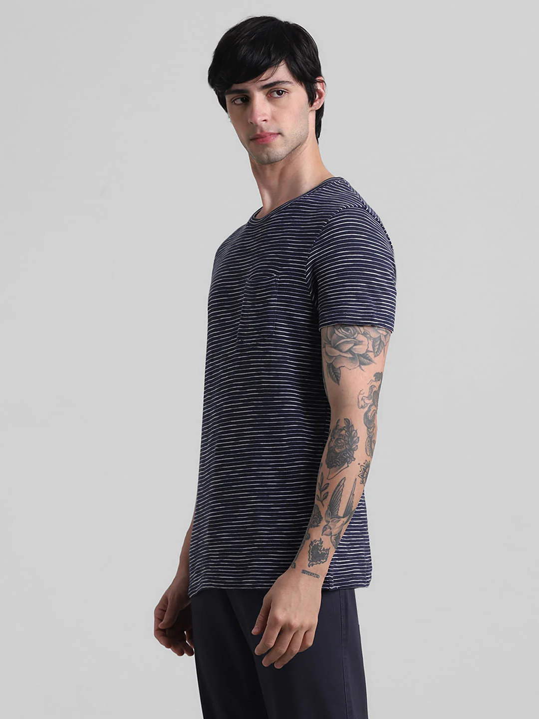 Navy Blue Striped Crew Neck T-shirt - Image 3
