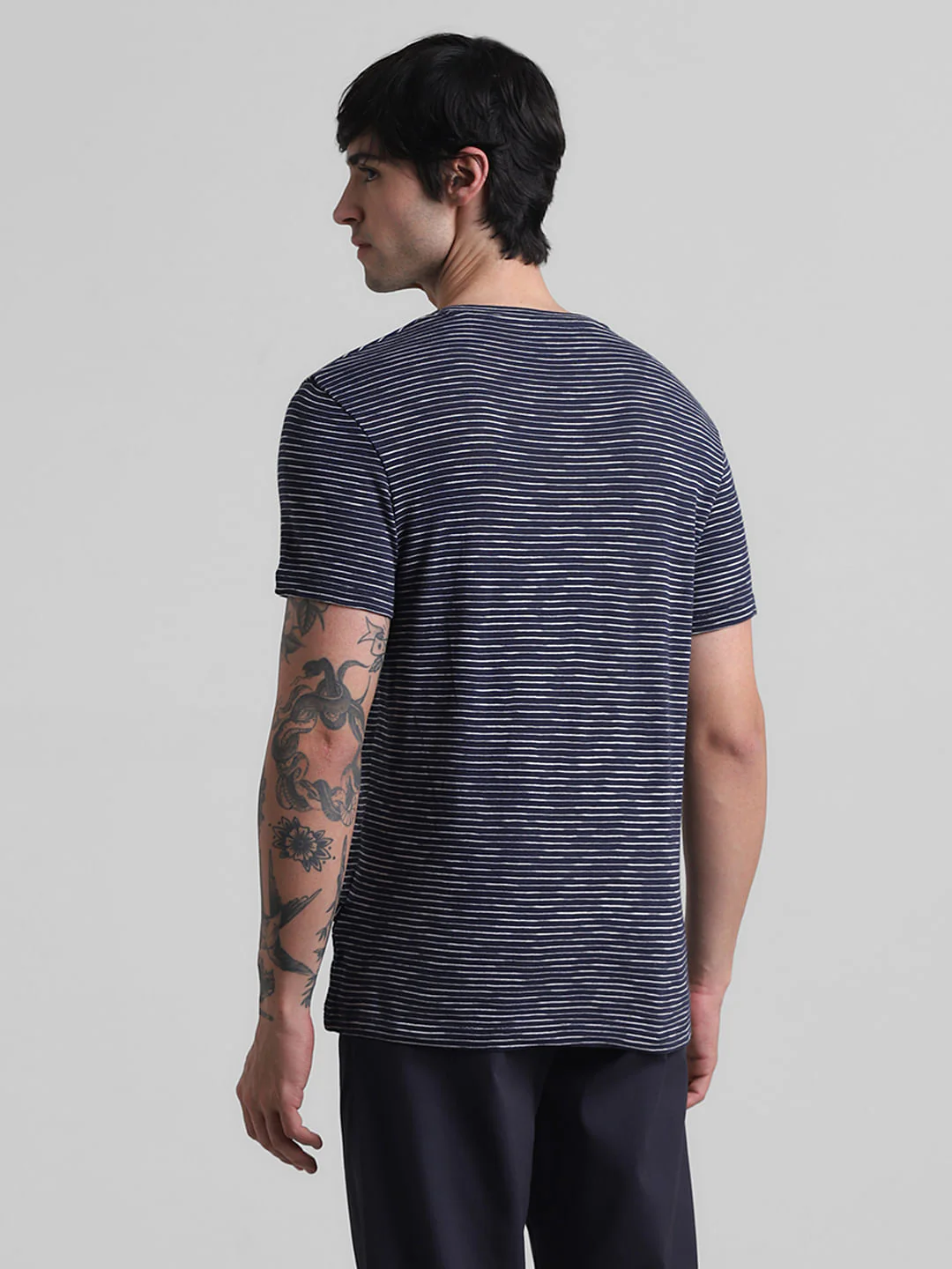 Navy Blue Striped Crew Neck T-shirt - Image 4