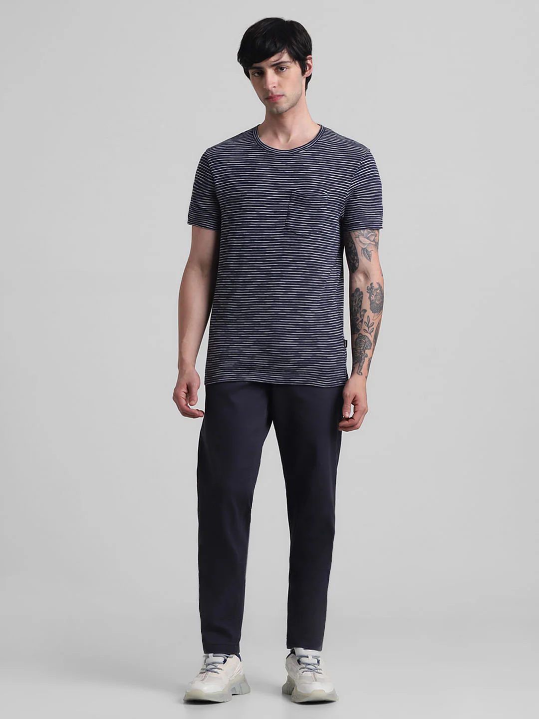 Navy Blue Striped Crew Neck T-shirt - Image 6