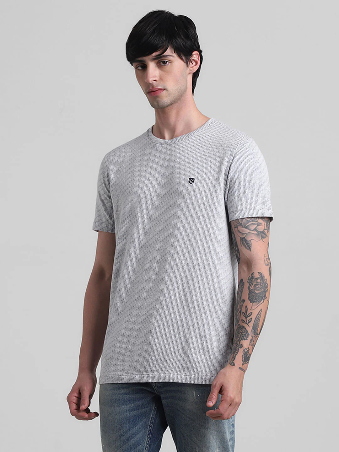 Grey Textured Crew Neck T-shirt - Image 2