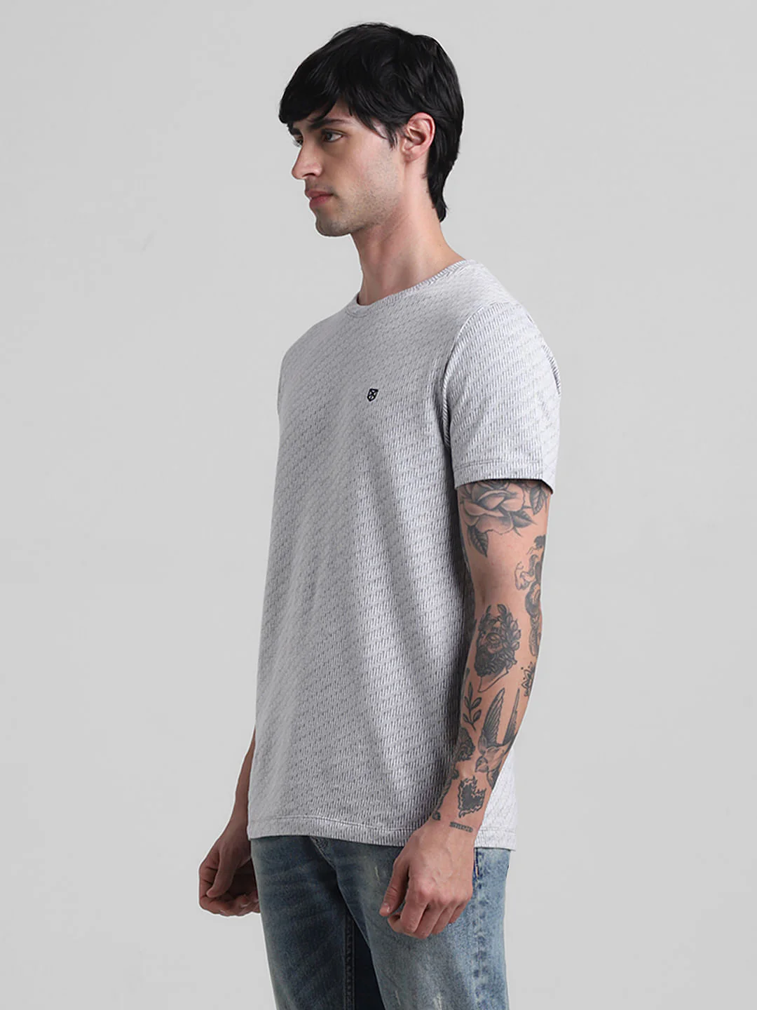 Grey Textured Crew Neck T-shirt - Image 3