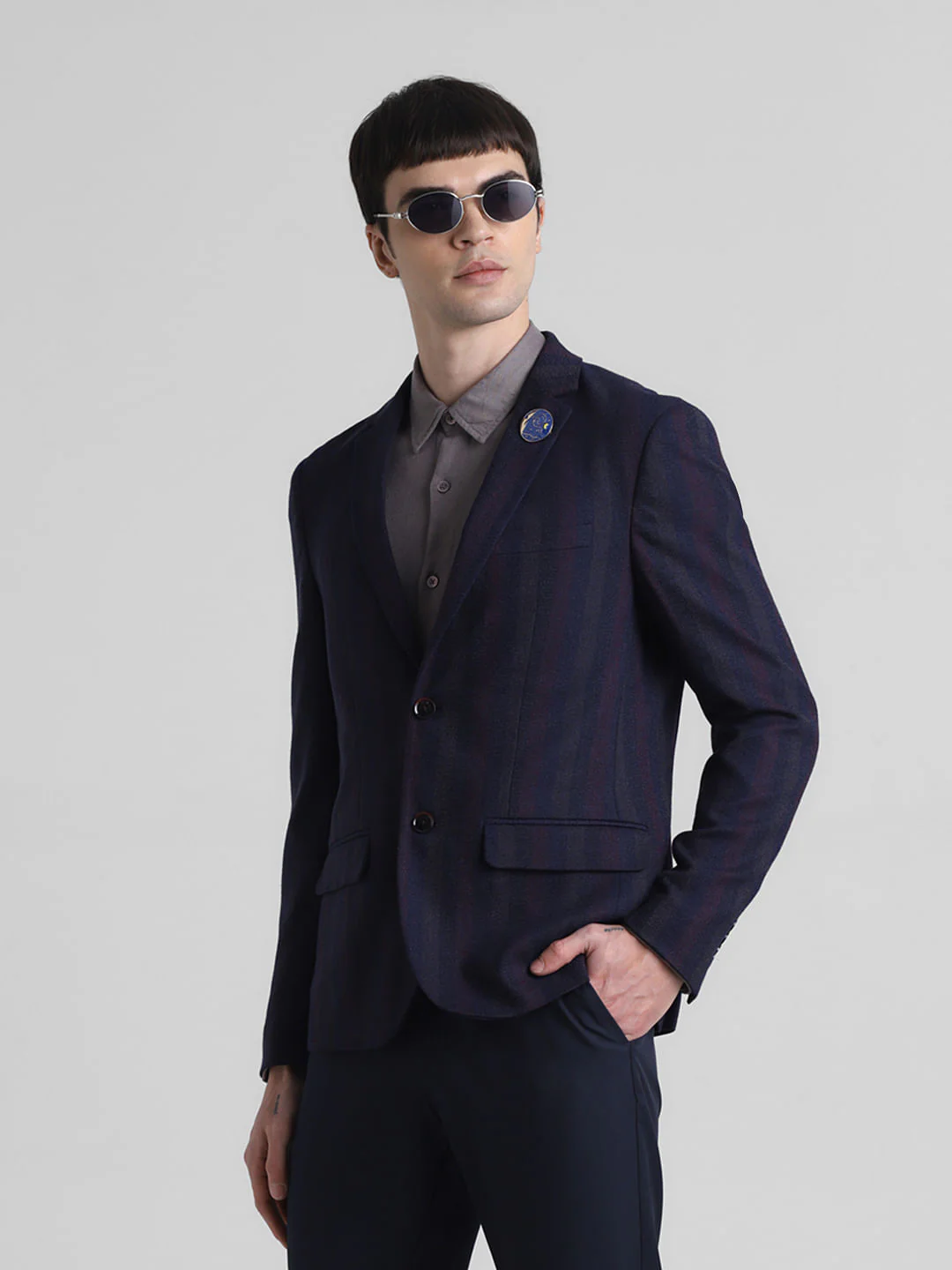 Navy Blue Striped Slim Fit Blazer
