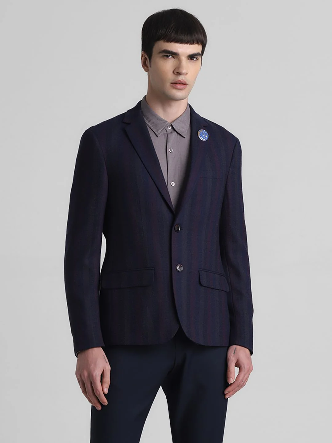 Navy Blue Striped Slim Fit Blazer - Image 2