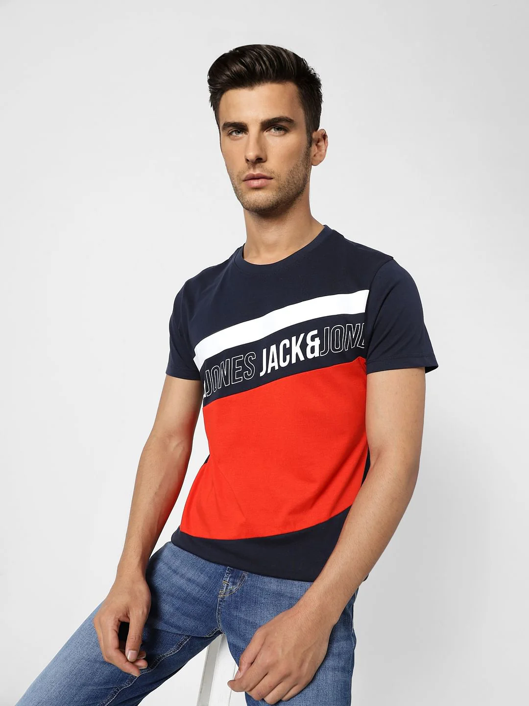Blue Colourblocked Crew Neck T-shirt