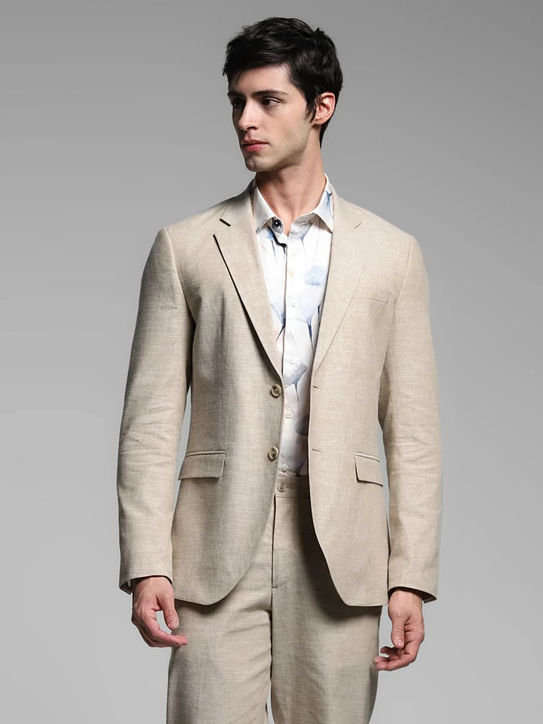 Beige Slim Fit Linen Blazer - Image 2