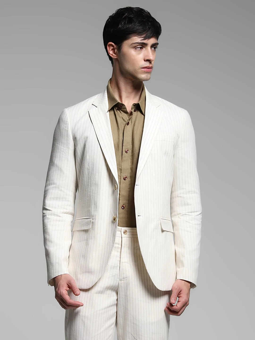 White Striped Slim Fit Linen Blazer - Image 2