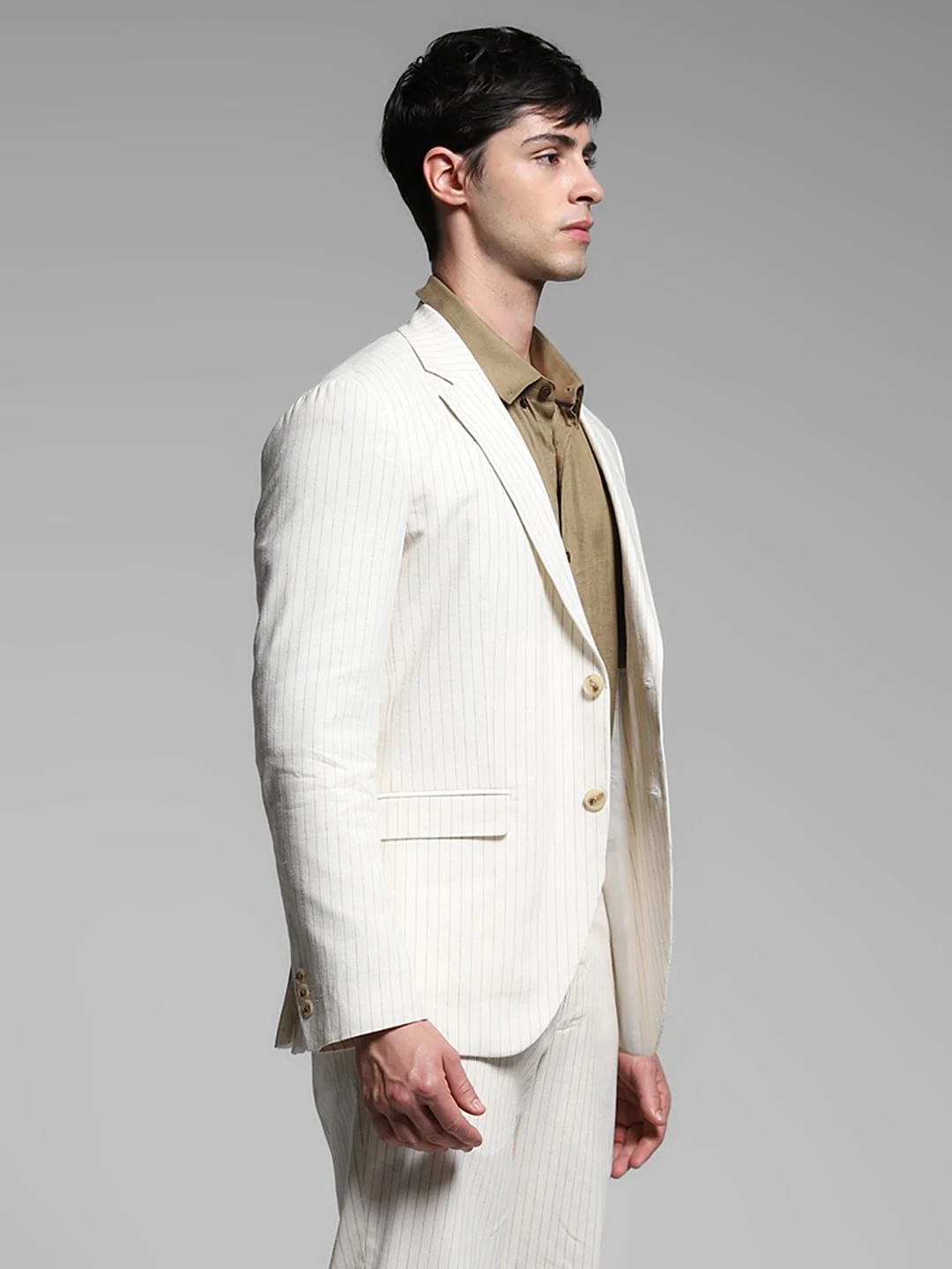 White Striped Slim Fit Linen Blazer - Image 3