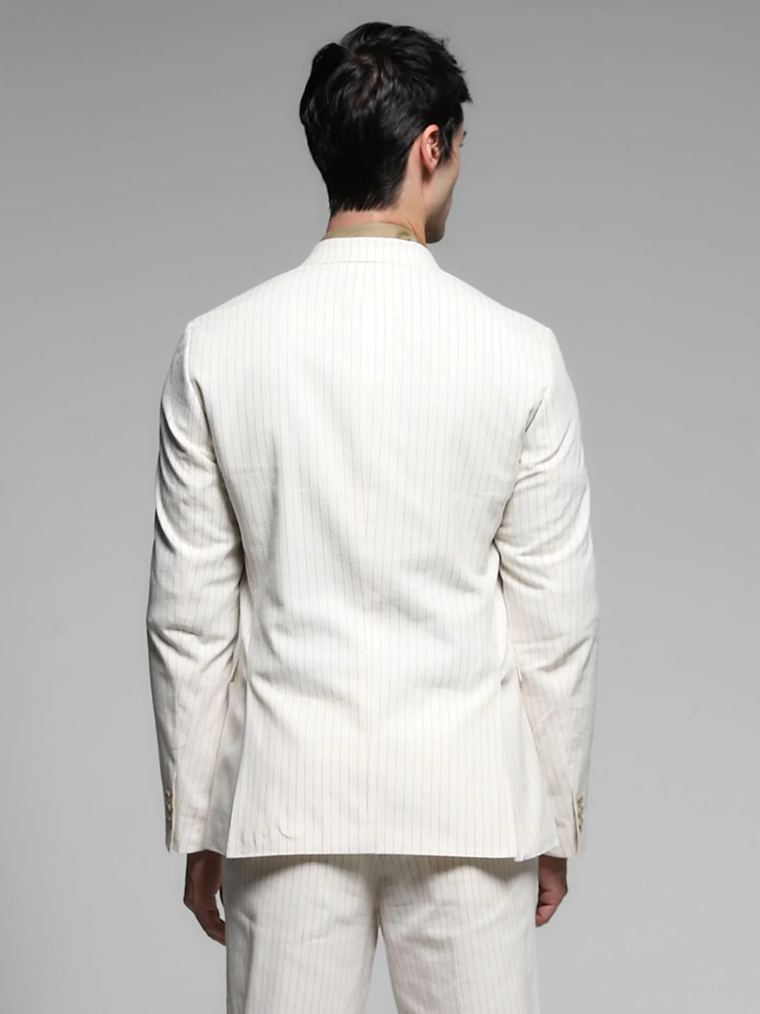 White Striped Slim Fit Linen Blazer - Image 4