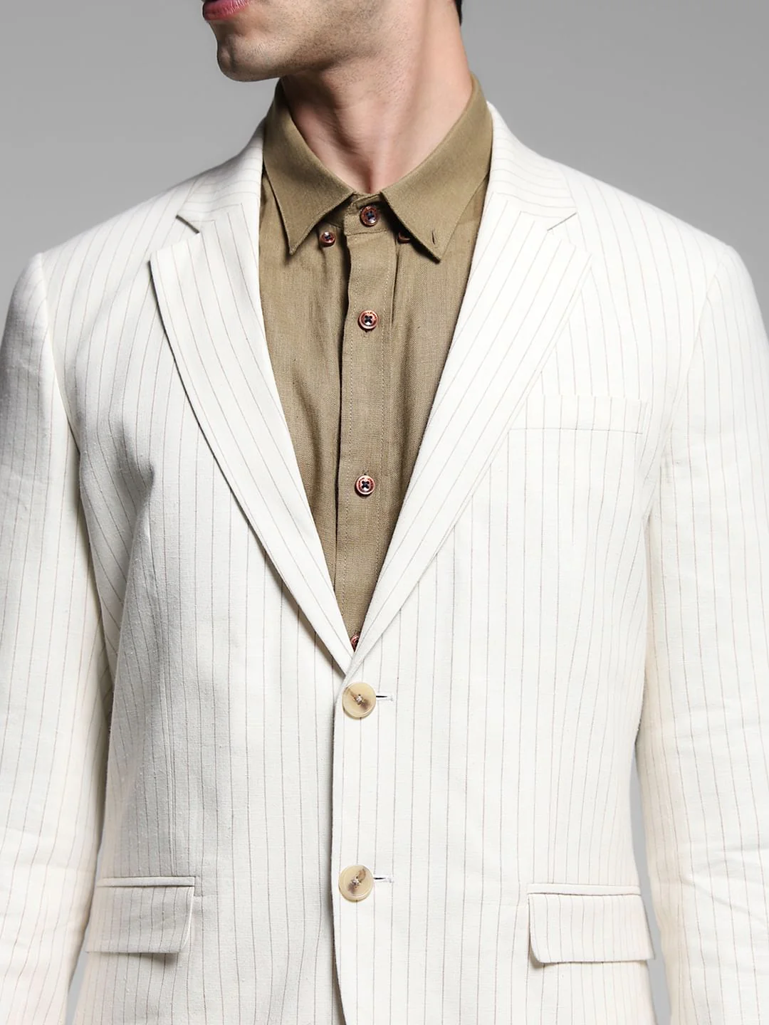 White Striped Slim Fit Linen Blazer - Image 5