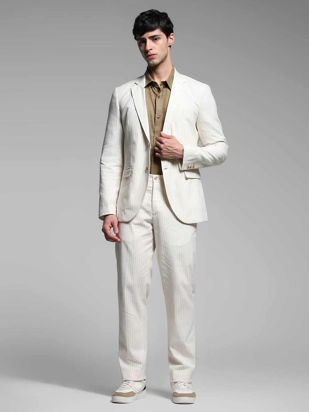 White Striped Slim Fit Linen Blazer - Image 6