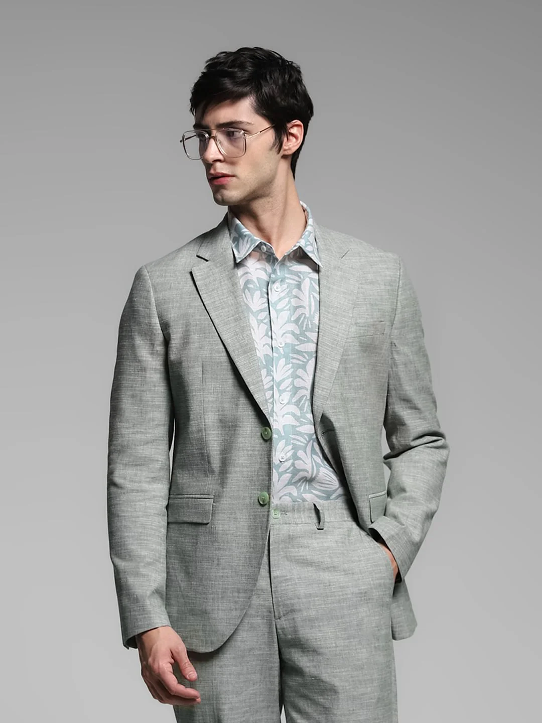 Green Linen Slim Fit Blazer