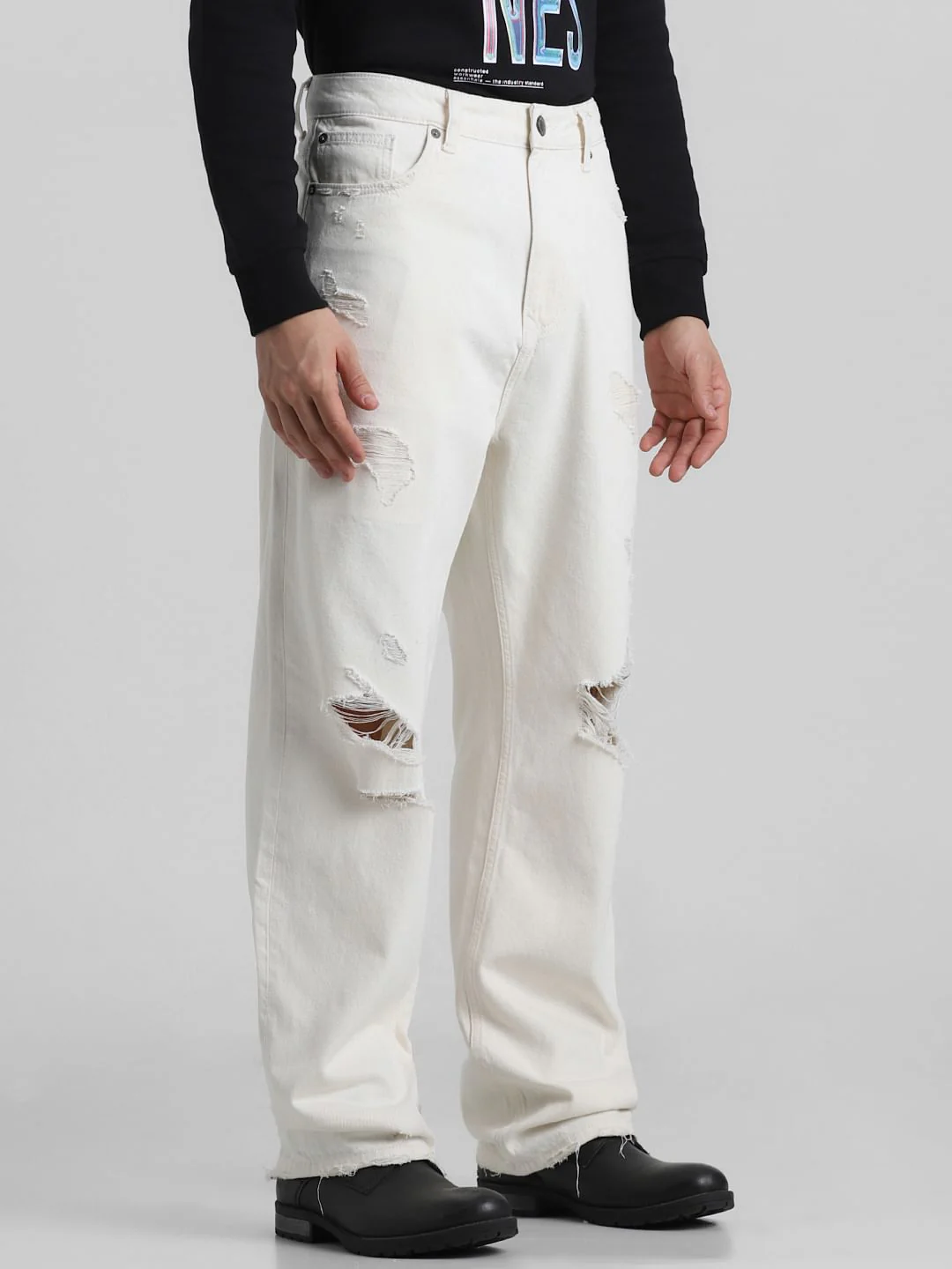 Ecru Mid Rise Distressed Loose Fit Jeans - Image 2