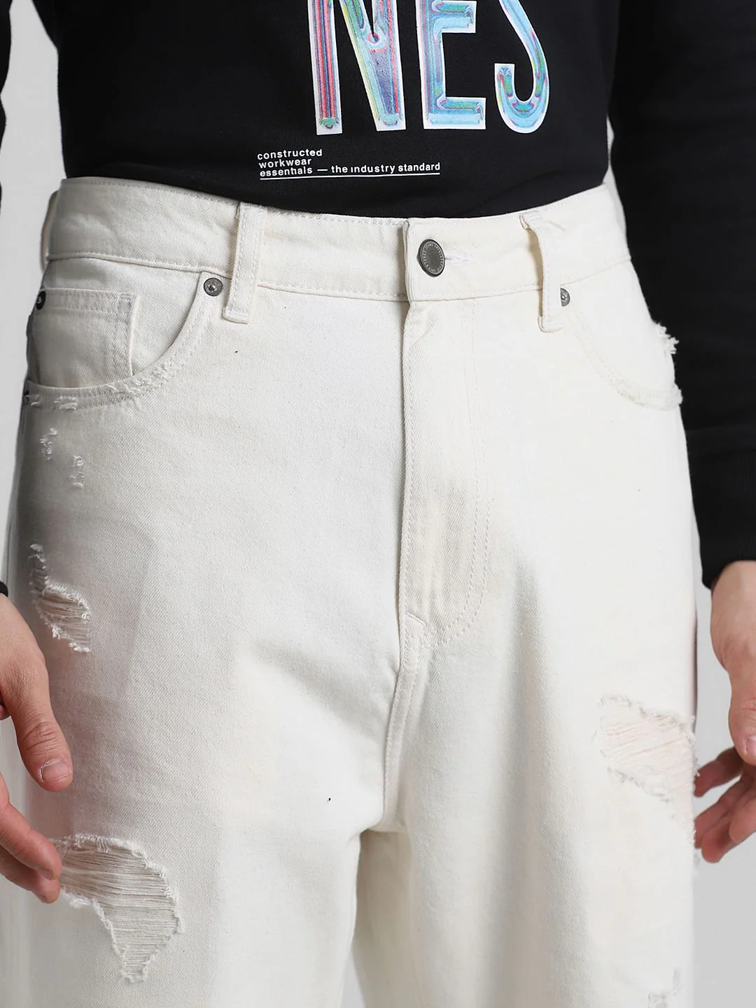Ecru Mid Rise Distressed Loose Fit Jeans - Image 4