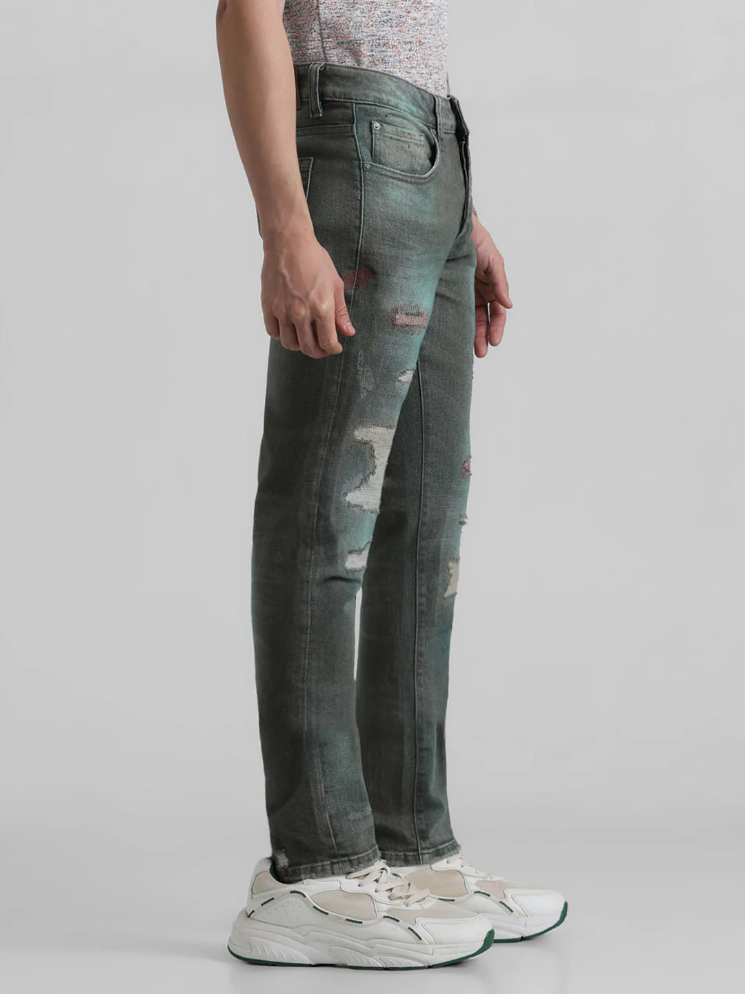 URBAN RACERS by JACK&JONES Green Low Rise Distressed Glenn Slim Jeans - Image 2