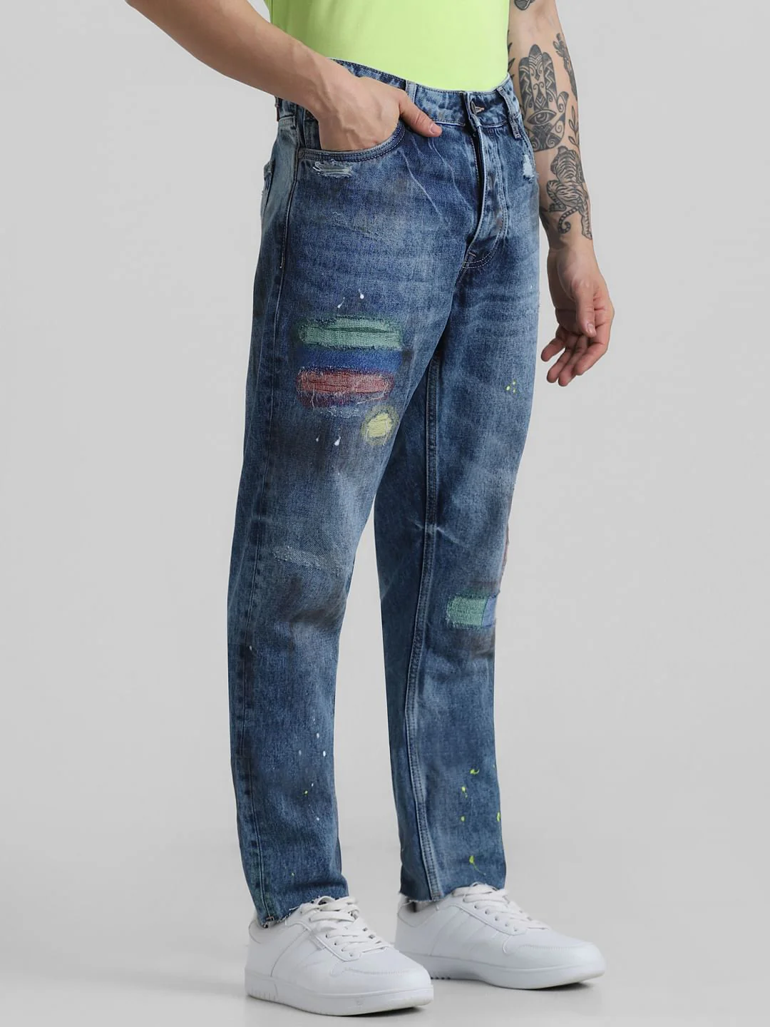 Blue Mid Rise Printed Erik Anti Fit Jeans - Image 2