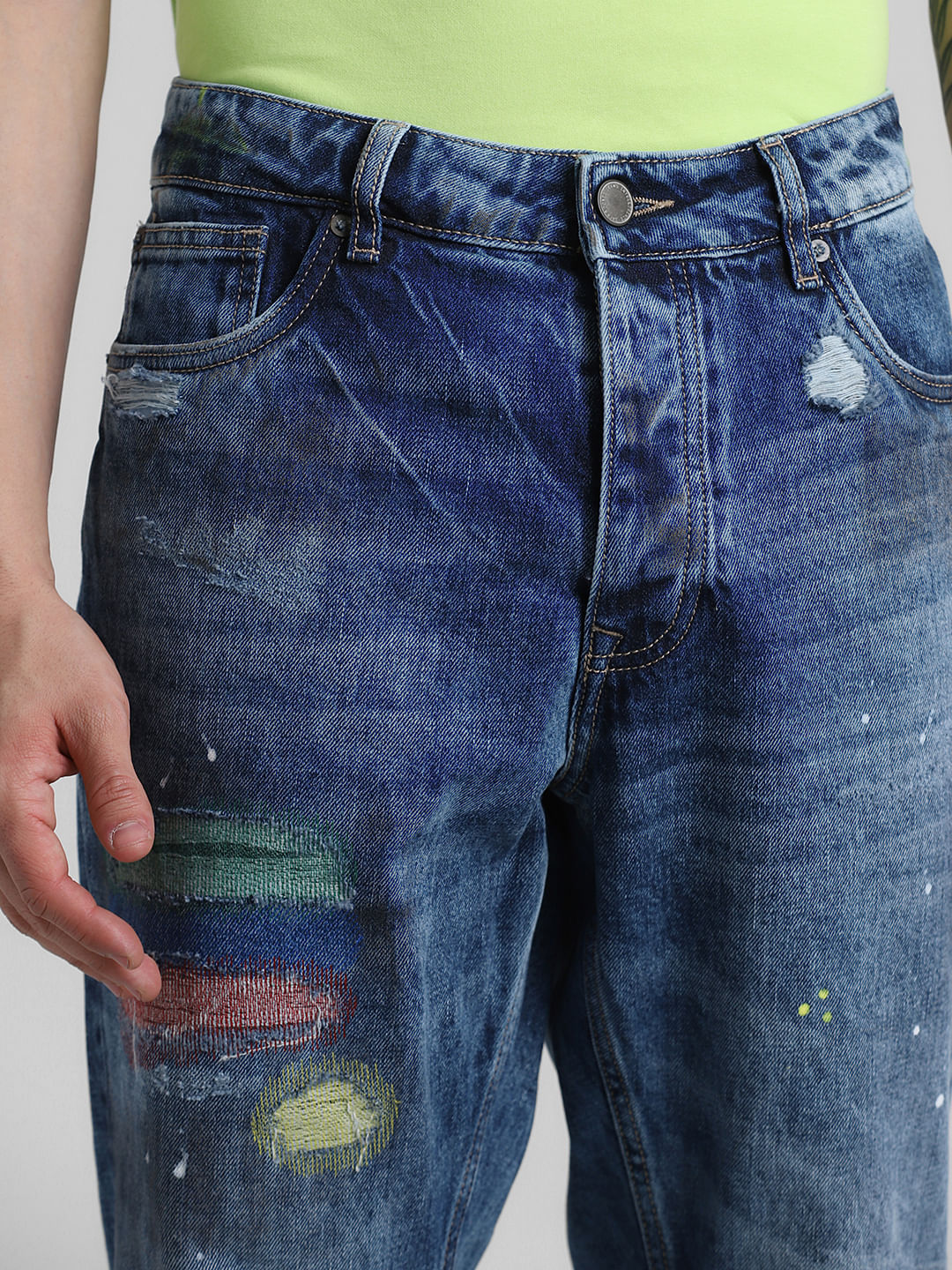 Blue Mid Rise Printed Erik Anti Fit Jeans - Image 4